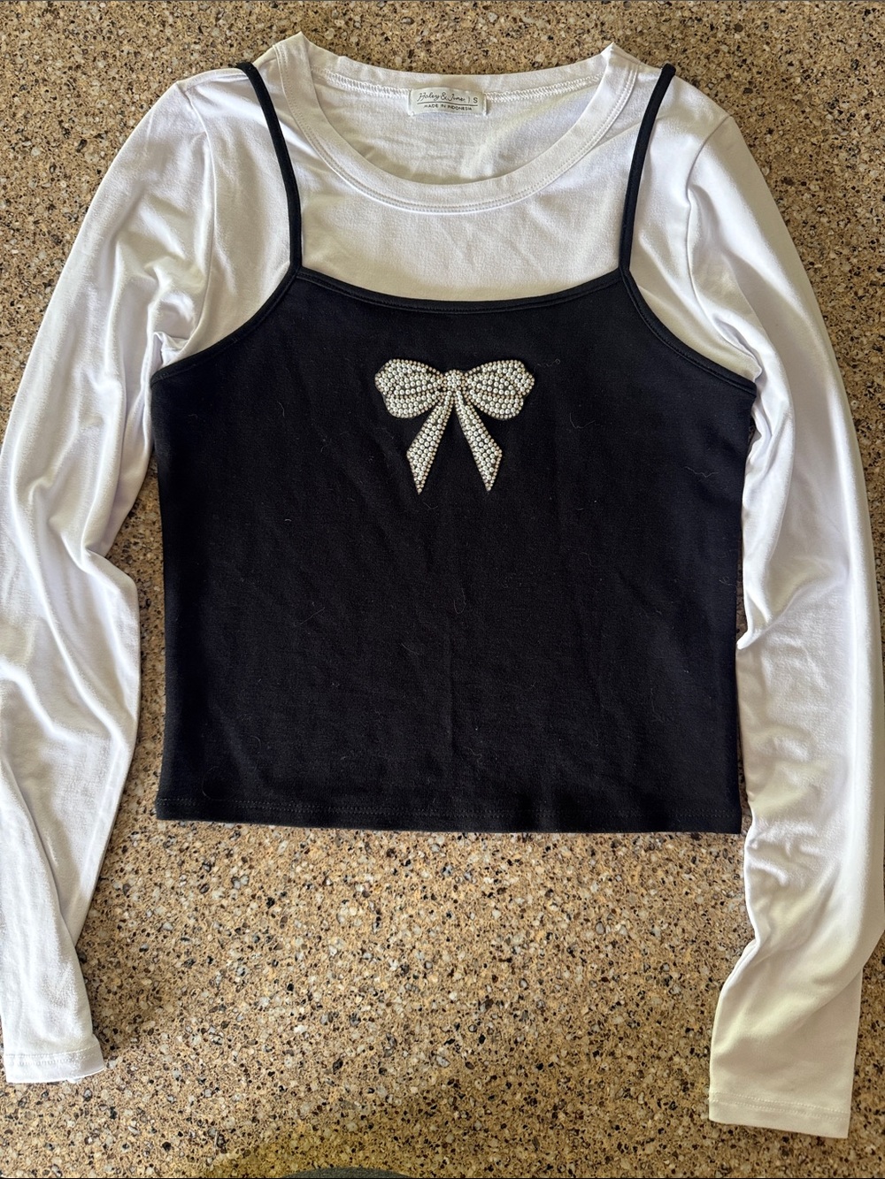 White Long-Sleeve Tee with Black Bow-Accented Tank Layer